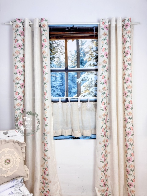 Zasłonki kwiaty len komplet 2 szt