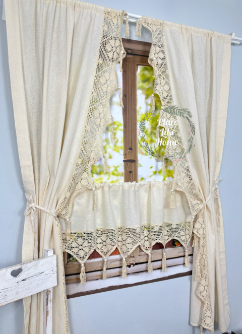 Firanka z bawełnianą koronką – rustykalna elegancja ECRU 90x195 cm