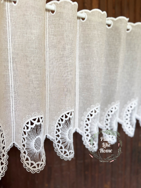 Zazdrostka „Wiejskie Okno” -Beżowa tkanina z białą gipiurą 45 wysokosc